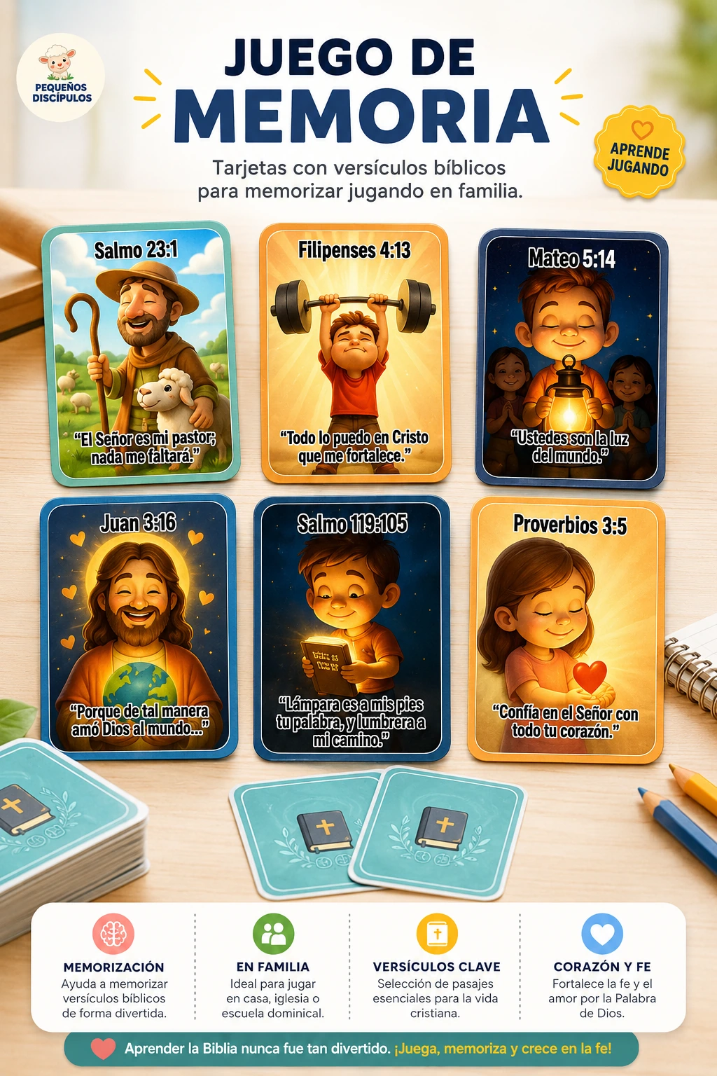 Juego de memoria con cartas de versículos bíblicos